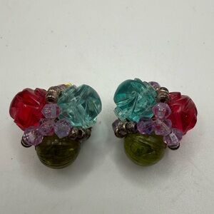 Vintage West Germany Glass Bead Cluster Clip-On Earrings Mid Century